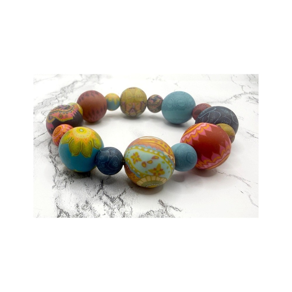 Chunky Hand Painted Polymer Clay Stretch Bracelet Colorful Boho Artisan‎ 9"